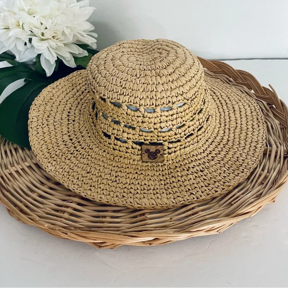 Disney Parks Mickey Mouse Woven Straw Floppy Hat Carved Wood Mickey Mouse summer